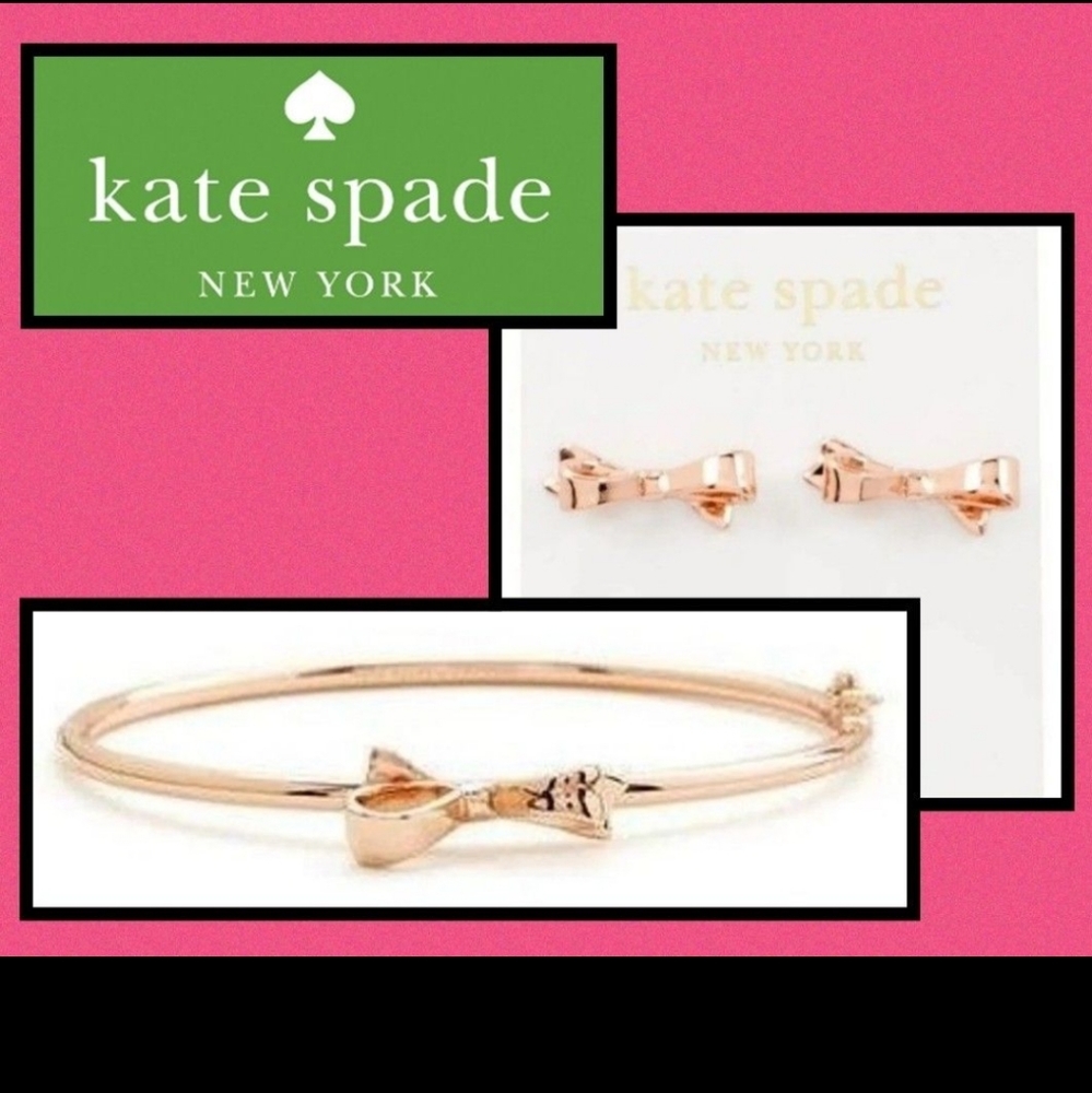 ♤ Kate Spade Gold Love Notes Bow Bangle Bracelet Earrings Set + Dust Bag Pouch ♤